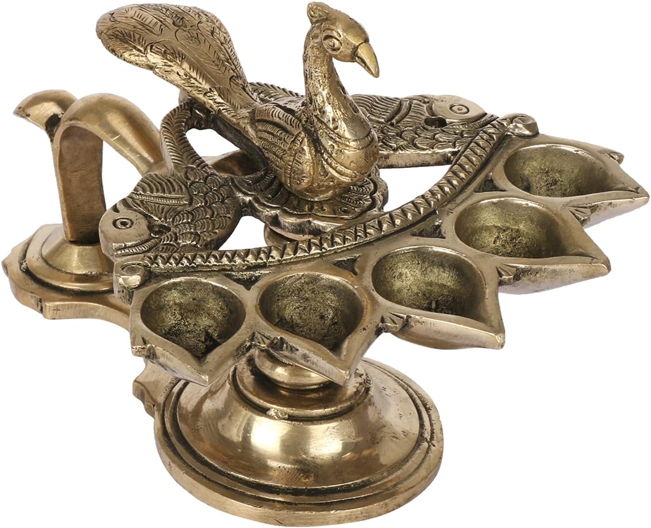 ARTVARKO Peacock Aarti Diya with Handle Brass Decorative Puja Accessory, Five Face Camphor Burner lamp Panch Aarti for Navratra, Diwali Gifts Home Decor