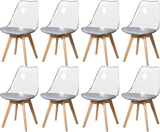 Juego de 8 sillas de comedor transparentes de piel sintética, asientos tapizados con patas de madera, muebles de cocina modernos para comedor, sala de estar, cafetería (poliuretano gris)