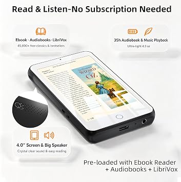 TIMMKOO Audiobook Player No Ads No Distractions, Bluetooth and WiFi, Loud Speaker, 4'' Screen Portable Audio Book Player for Kids & Seniors, Built-in Ebook and Audiobook Apps, 35H Battery, Up to 1TB
