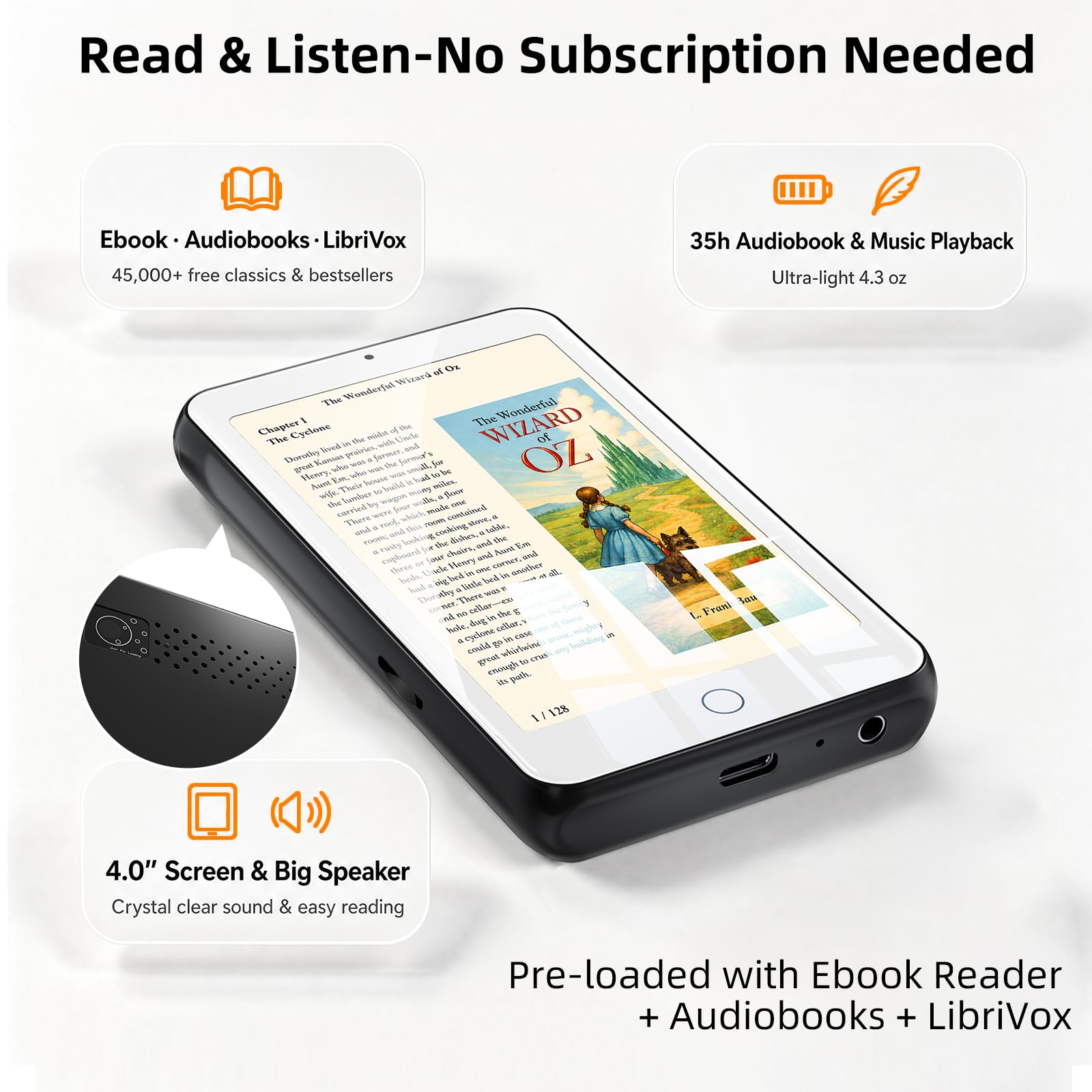 TIMMKOO Lettore audiolibro Nessuna pubblicità Nessuna distrazione, Bluetooth e WiFi, Altoparlante forte, Schermo da 4 '' Lettore audiolibro portatile per bambini, Ebook integrato e app audiolibri