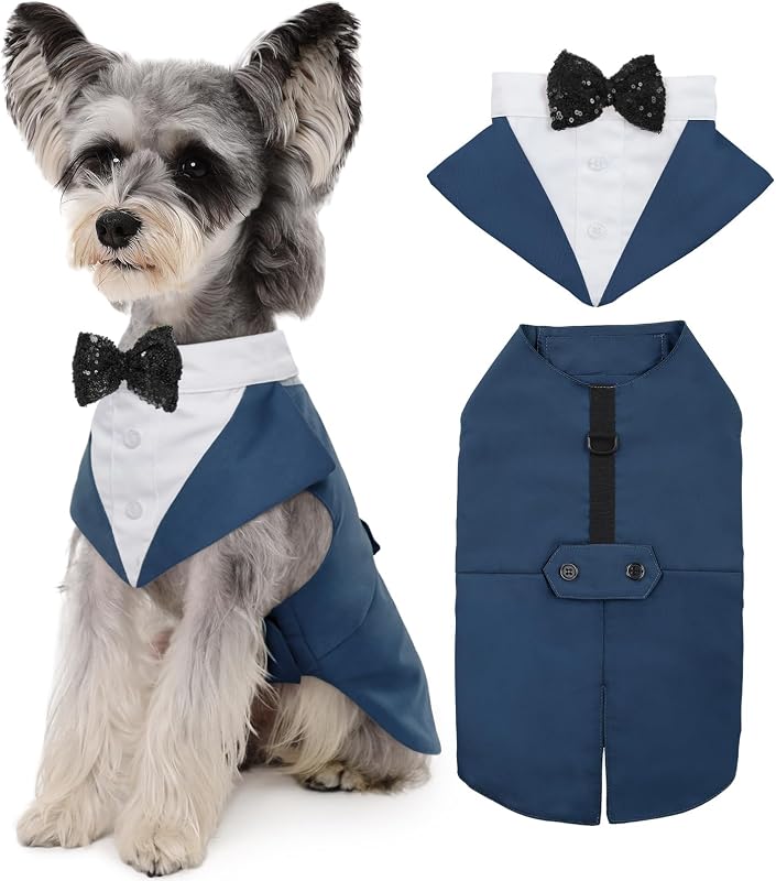 Fantasia para Cães Kuoser com Smoking, Bandana e Argola D, Azul Royal, Tamanho M