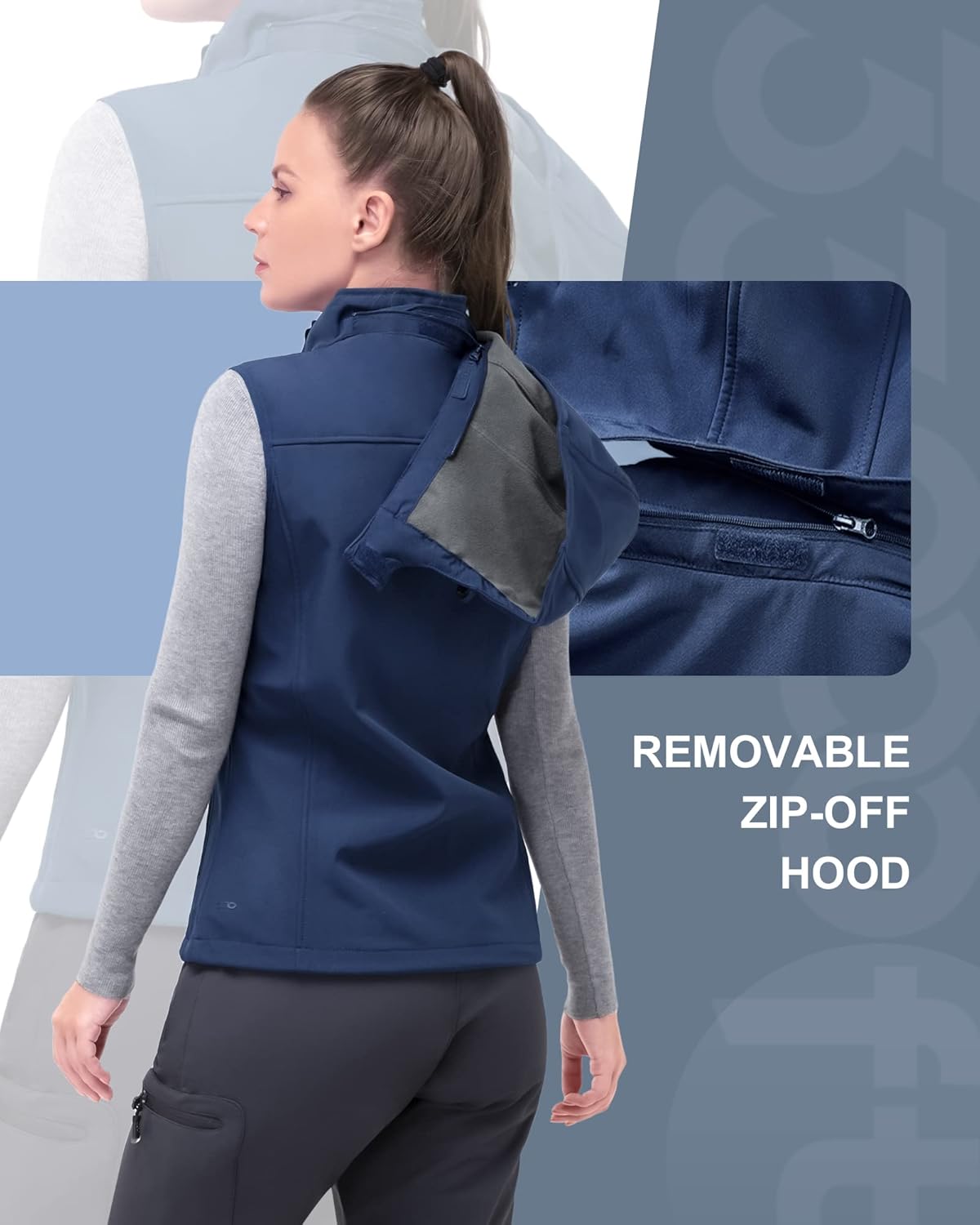 33,000ft Women's Hooded Lightweight Softshell Vest Fleece Lined Windproof Zip Up Sleeveless Jacket for Hiking Golf Running - Image 2