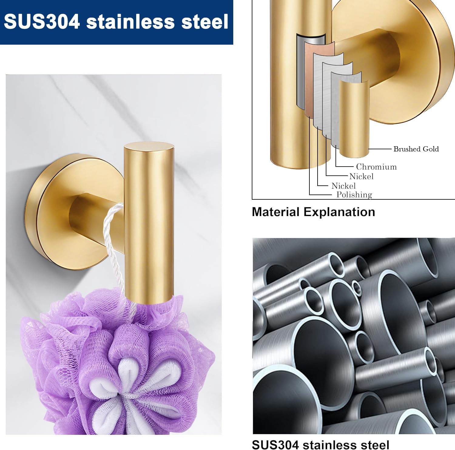 5 Pieces Bathroom Hardware Accessories Set Brushed Gold, 24Inch Bathroom Towel Rack Set SUS304 Stainless Steel, Round Toilet Paper Holder with Shelf Heavy Duty, Wall Mounted