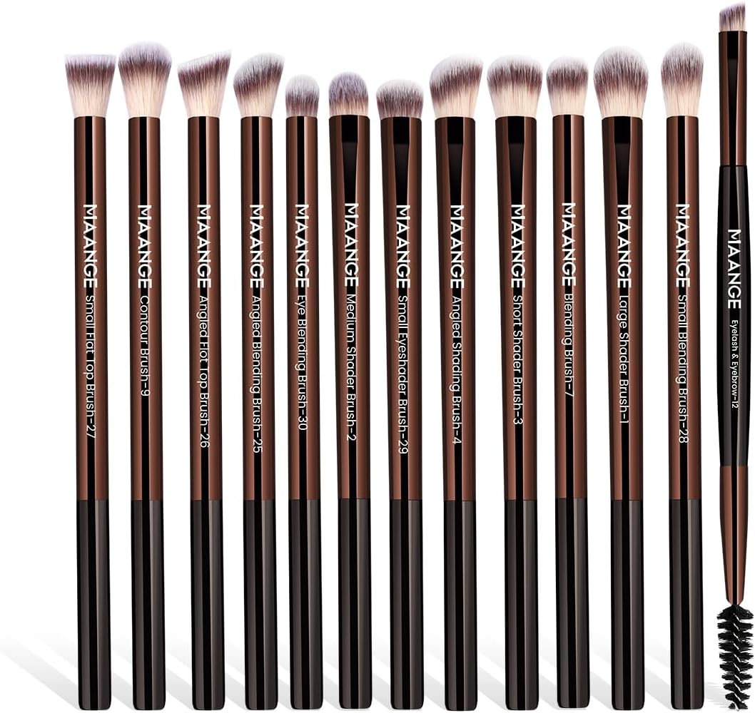 MAANGE 13 Pcs Makeup Brushes with Bag, Multi-functional Eye Makeup Brush Set Professional Blending Eyeshadow Concealer Eyebrows Eyeliner (Coffee Brown)