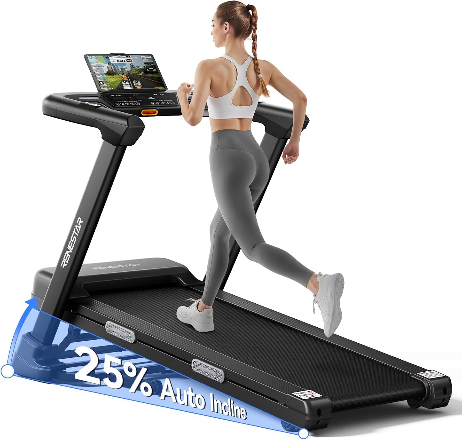 Renestar Treadmills for Home, Treadmill with Auto Incline, Folding Treadmills for Running Walking, 300LBS Weight Capacity, Max Speed 10MPH, Bluetooth Speaker, Pulse Monitor