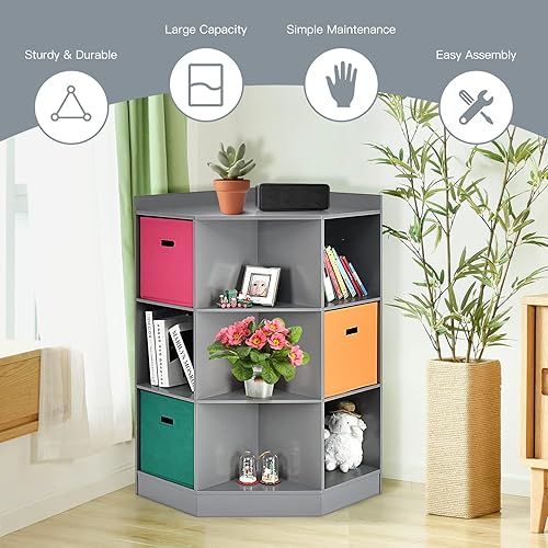 Miniatura 16 de Costzon Estantería infantil de 9 compartimentos con cubos de almacenamiento grandes, armario esquinero para niños con 6 cubos y 3 estantes,