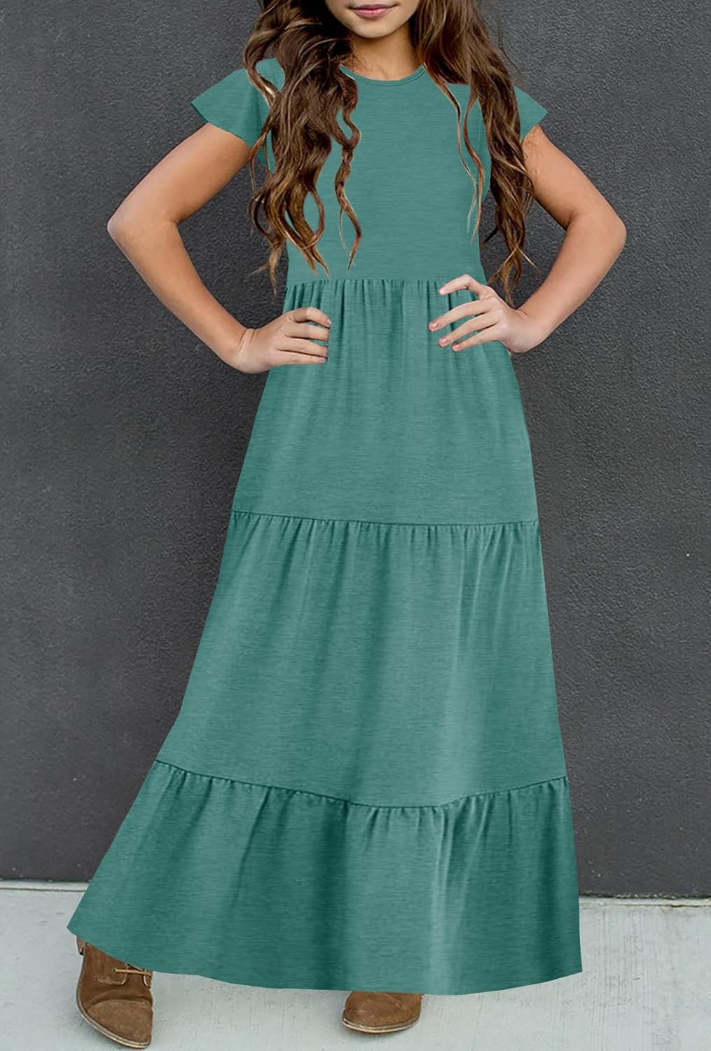 HOSIKA Girls Summer Casual Ruffle Short Sleeve Crewneck Aline Flowy Tiered Beach Maxi Sundress with Pockets for 6-12 Y - Image 3
