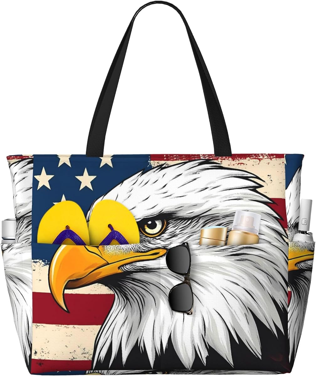 Large Beach Bag Waterproof Sandproof Zipper Beach Tote Pool Bag American Bald Eagle