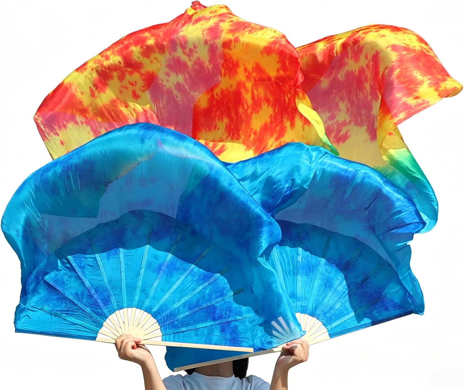 Pair Large Silk Fan Veils 70"x 45", worship praise Adoration belly dance flag streamers (white)