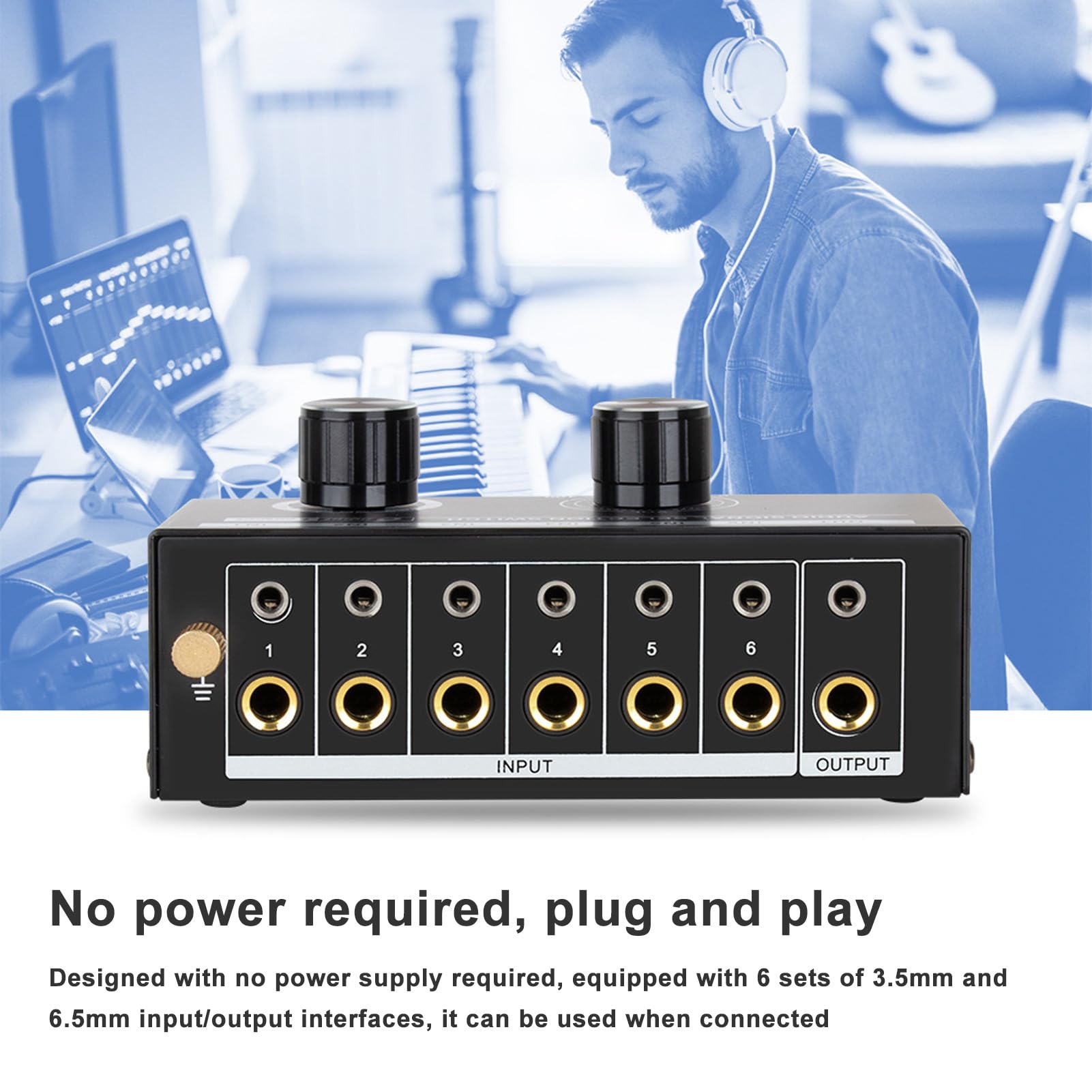 Scatola Commutatore Audio A 6 Ingressi E 1 Uscita Hapivida, Con Controllo Volume, Per Jack 3.5 Mm E 6.5 Mm, Placcata Oro, Plug-and-play Senza Alimentazione, In Metallo - 2