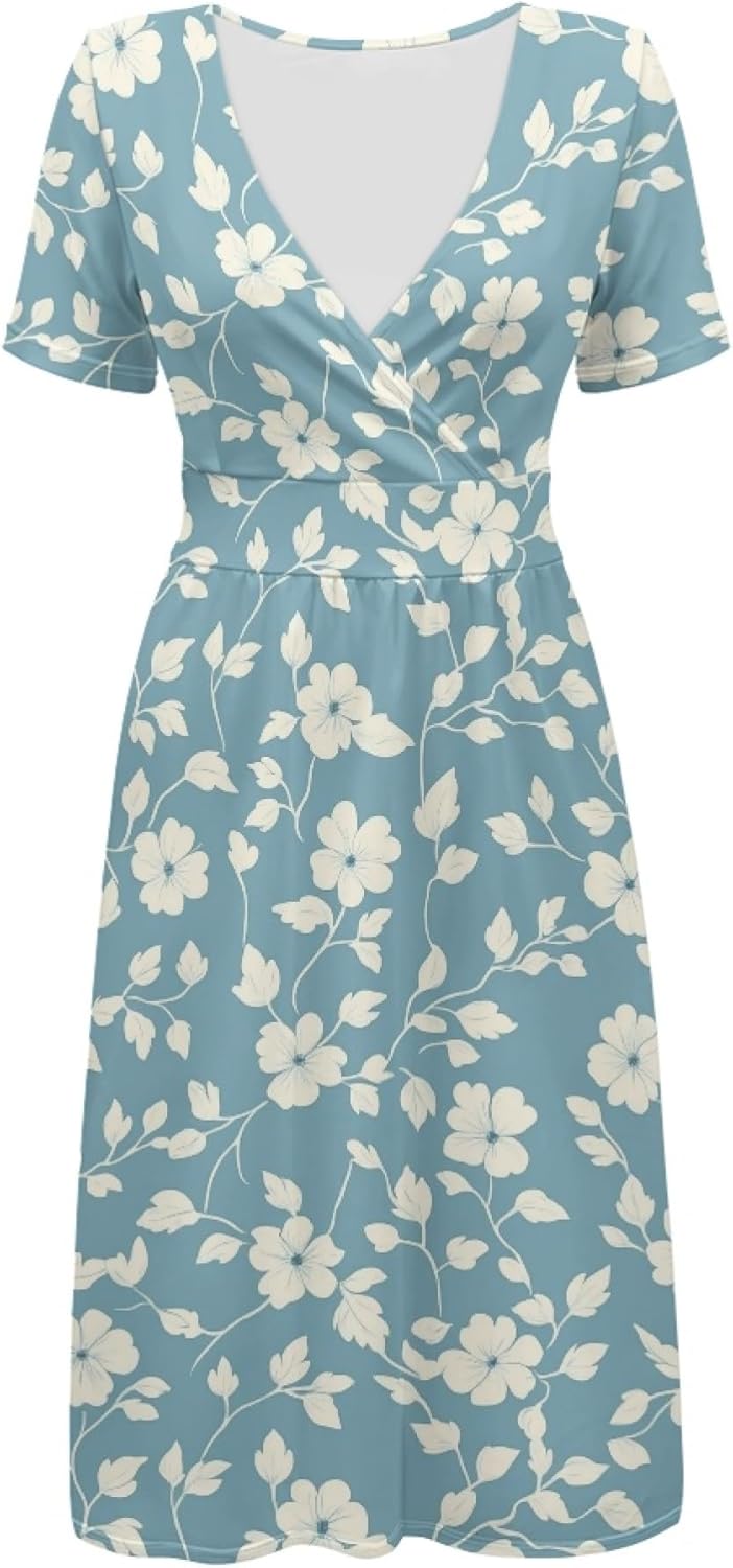 Easter Dress for Women 2025 Floral Print Short Sleeve V Neck A Line Empire Waist Casual Fashion Mini Dress - Image 3