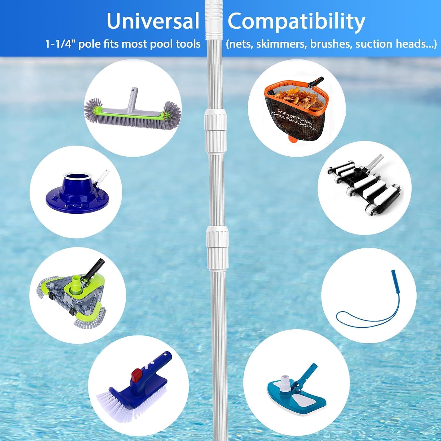 15FT Telescopic Pool Pole, Pool Skimmer Pole Heavy Duty, Adjustable 3 Piece Expandable Step-Up, Universal Pole for Skimmer Nets, Rakes, Brushes, Vacuum Heads Cleaning.