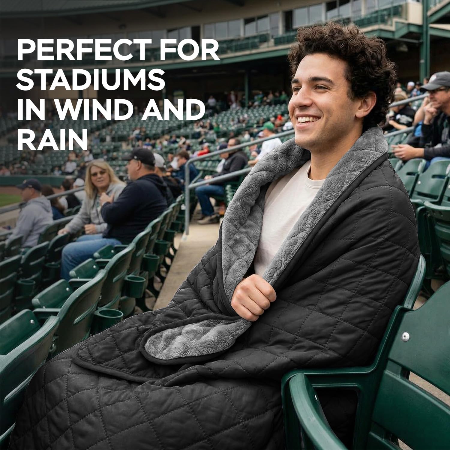 Waterproof Camping Blanket - Cozy Coral Fleece Lining, Triple Layers Warm Comfy Foldable for Camping Stadium, Beach, Picnic, Grass, Concerts, Car, Dog, 51''X 70'' Black