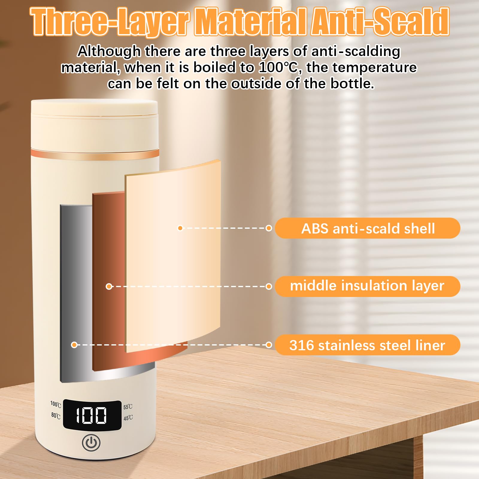 Hervidor agua electrico viajar de 0,5 litros para vacaciones, portátil, ligero, de acero inoxidable 316, potencia de 300 W, apagado automático para té/leche para bebés/café (beige)