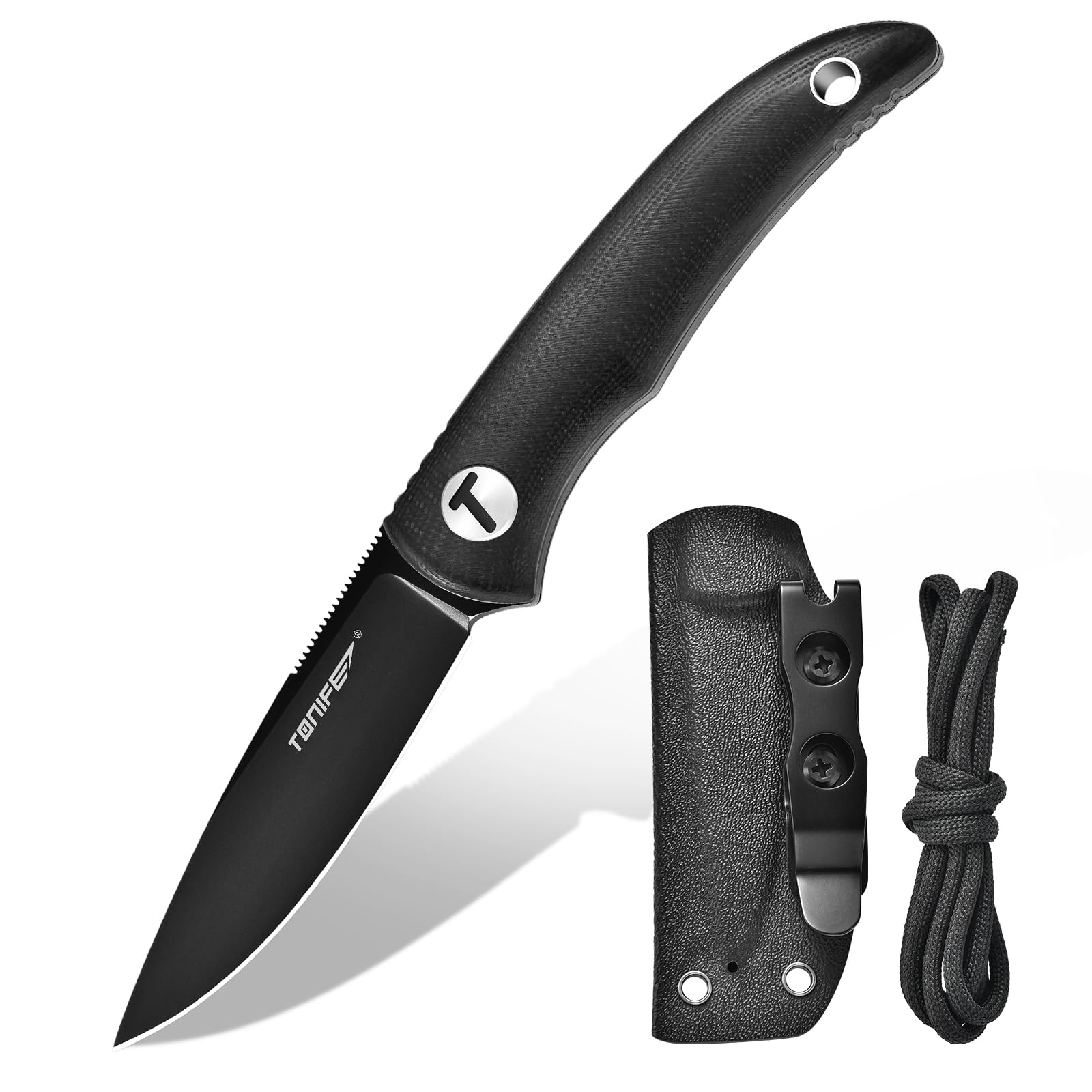 TONIFE Nova 2.68'' Blade Mini Neck Knife Knife Full Tang Fixed Blade Knife with Kydex Sheath and Adjustable Paracord Lanyard for Camping Outdoor Survival Tool (Black+Black Titanium)
