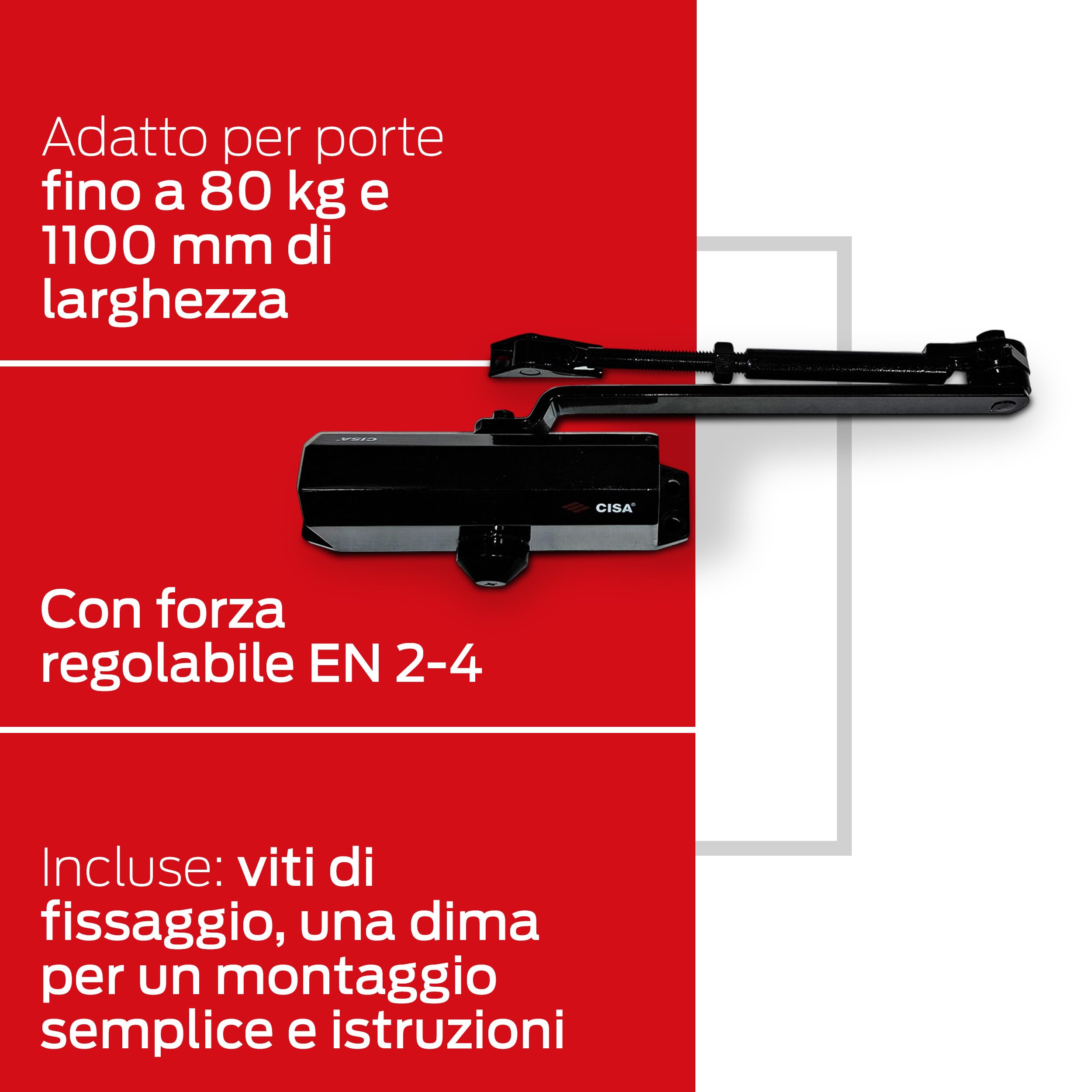CISA - Chiudiporta CISA a Cremagliera con Arresto 16047103044 Serie 604 - Chiudiporta con Velocità di Chiusura Regolabile - Chiudi Porta per Porte Max 80 kg - Nero