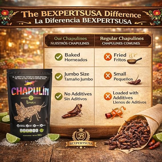Chapulines Horneados Naturales (Baked Natural Grasshoppers)Jumbo150g(5.3oz)Bag Authentic Oaxacan Ready-to-Eat Snack Traditional Exotic Mexican Delicacy|High protein|GMO-FREE| Gluten Free|100% Natural