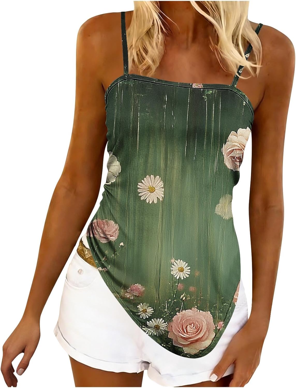 Boho Tank Tops for Women Floral Print Hanky Hem Summer Camisole Spaghetti Strap Sleeveless Loose Casual Beach Cami Top