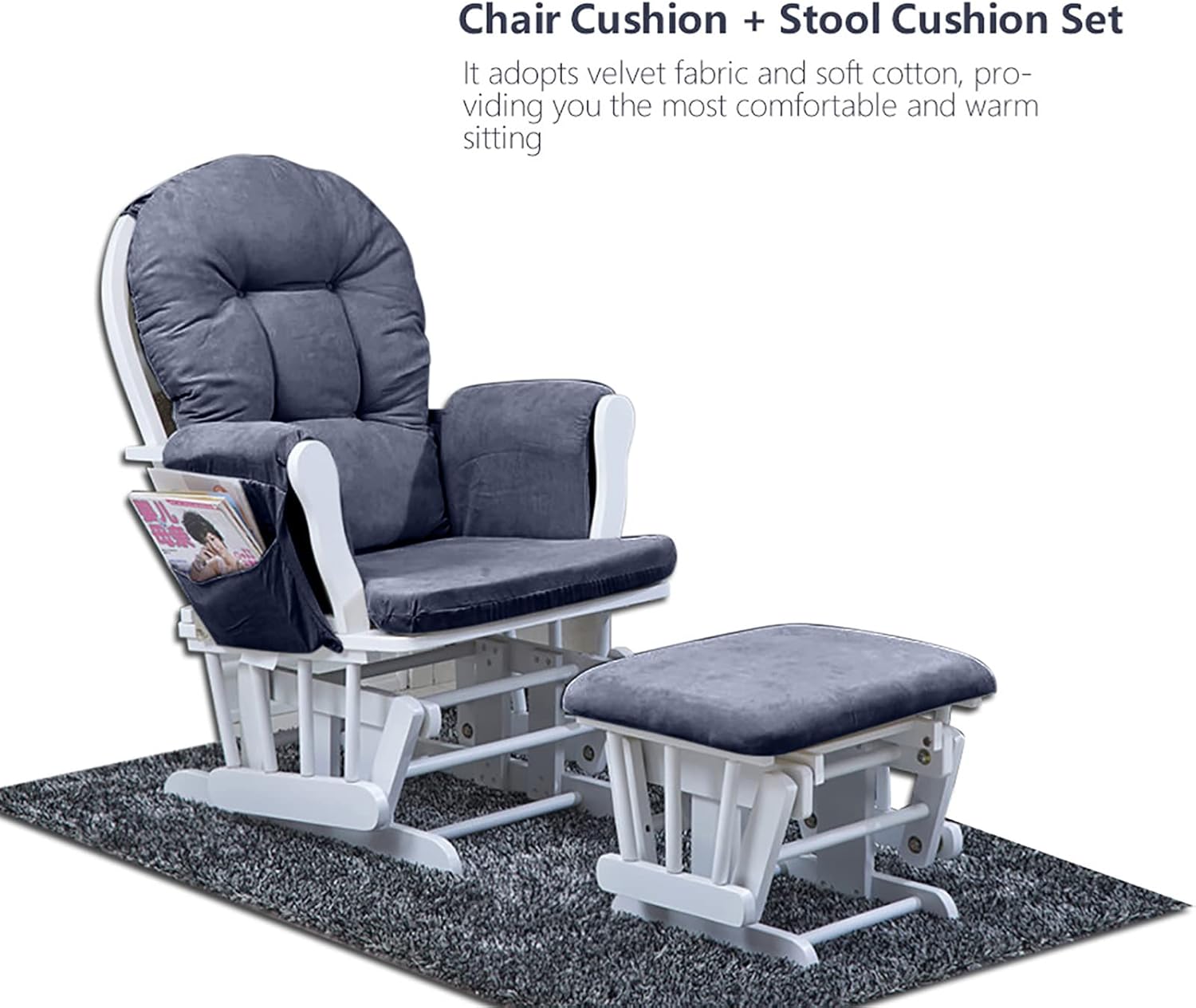 Zerone Soft Velvet Cotton Chair Cushions and Stool Pad Set, Glider Rocker Replacement Cushions with Storage Pockets