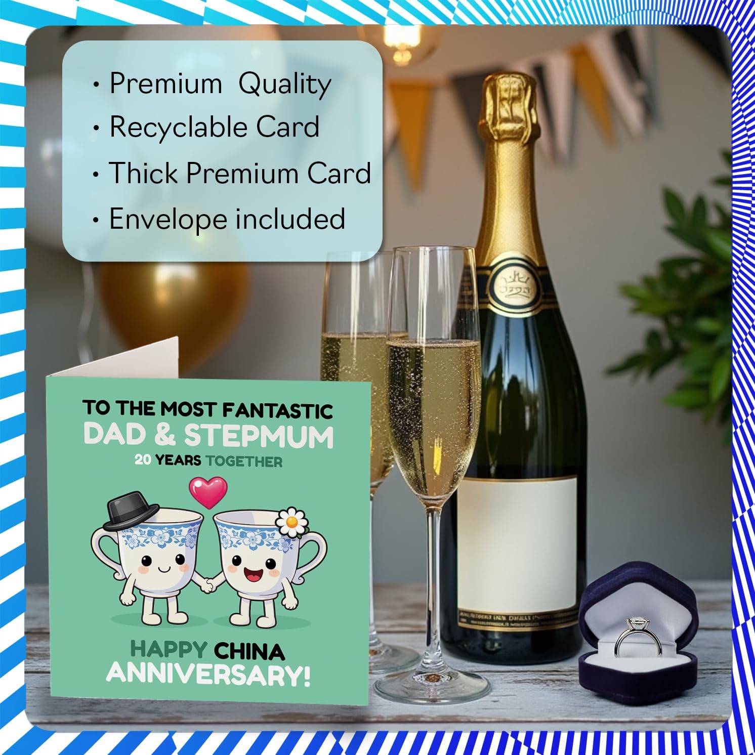 Stuff4 Cute 20th Anniversary Card for Stepmum & Dad - Cheers to 20 Years - Adorable Cups Design with Happy Faces - 5.7 Inch Square, Envelope Included