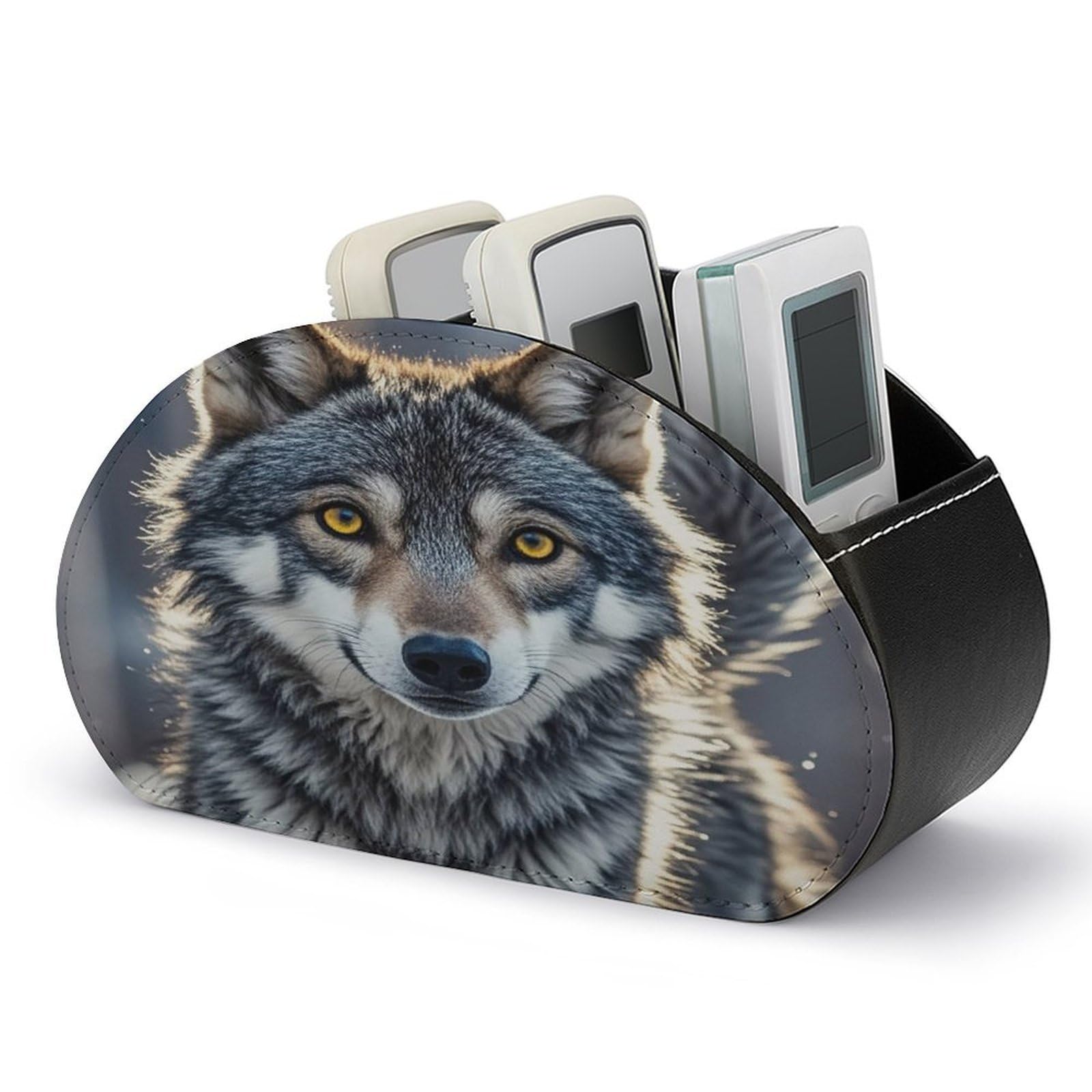 LZQPOEAS Cute Wolf Remote Control Holder with 5 Compartments PU Leather Remote Organizer Box Caddy for Table Nightstand Remote Caddy Desktop Organizer Fits Media Controllers