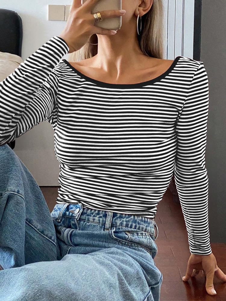 POHADON Women Sexy Backless Long Sleeve Striped Shirt Y2K Clothes Slim Fit Open Back Going Out Tees Trendy Crop Tops - Image 4