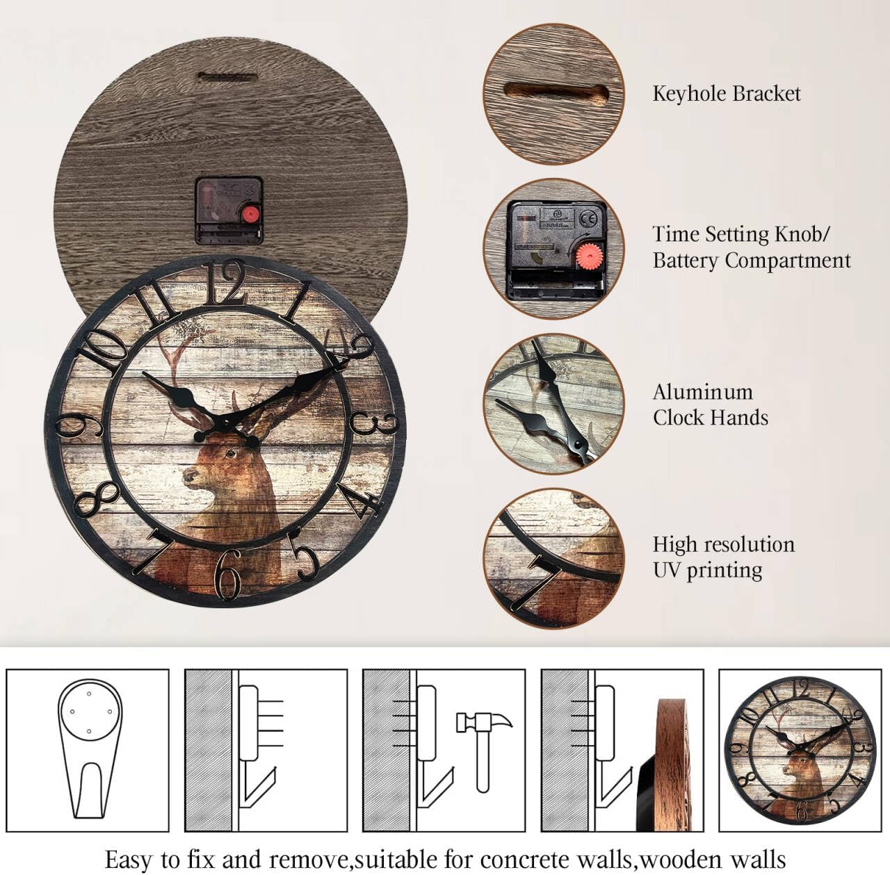 TIANCENTRAL H Wood Deer Clocks for Living Room Round Silent Wall Clock Vintage Decoration Time Clocks Home Kitchen School Office Wall Clocks Battery Operated by 12 inches