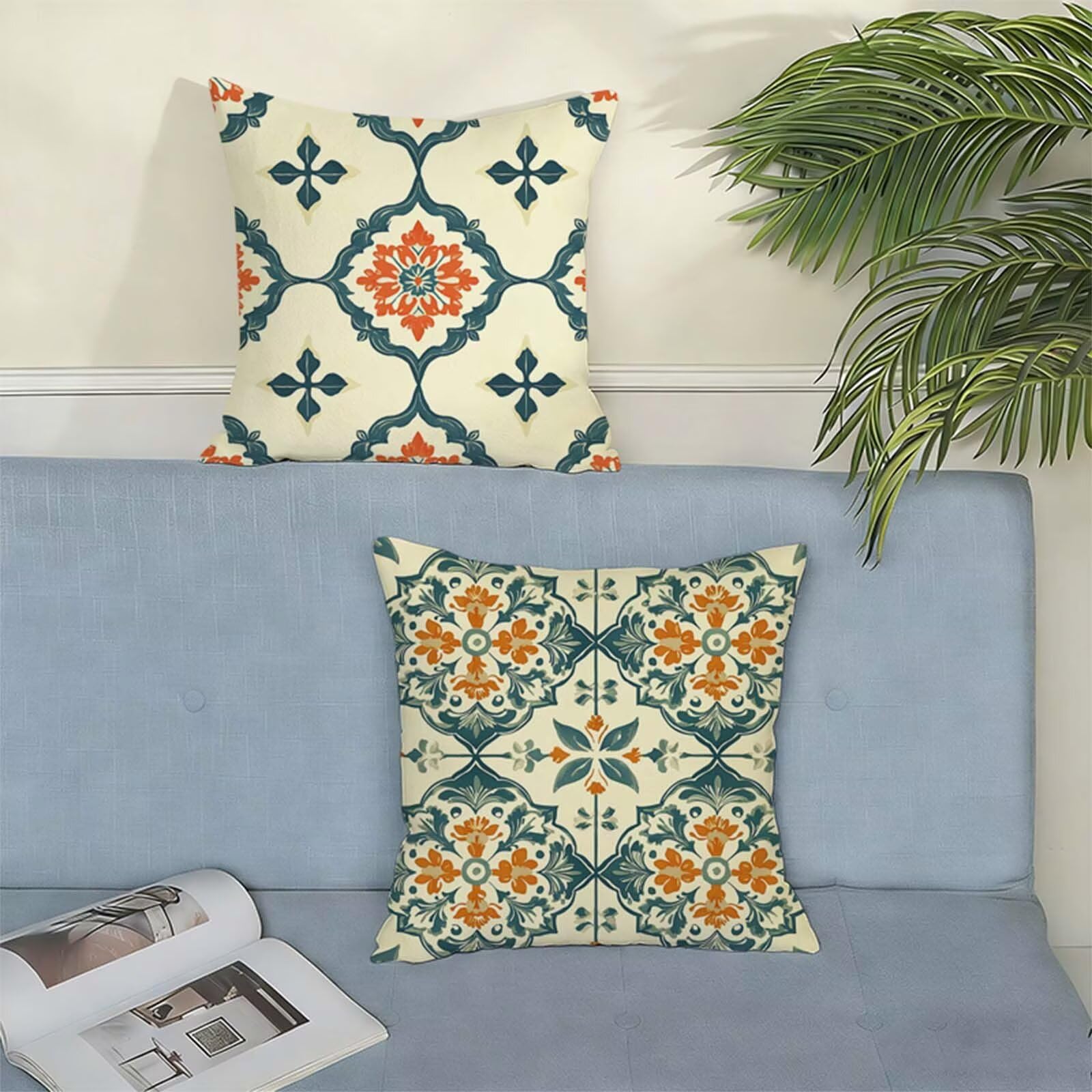 Beige Federe Cuscini Divano 80x80 Boemia Set di 2,Copricuscino Impermeabile Federe Lino Cerniera Invisibile Stampa Fronte-Retro,Comfort Traspiranti Copricuscini per Primavera Home Decoration W-1330