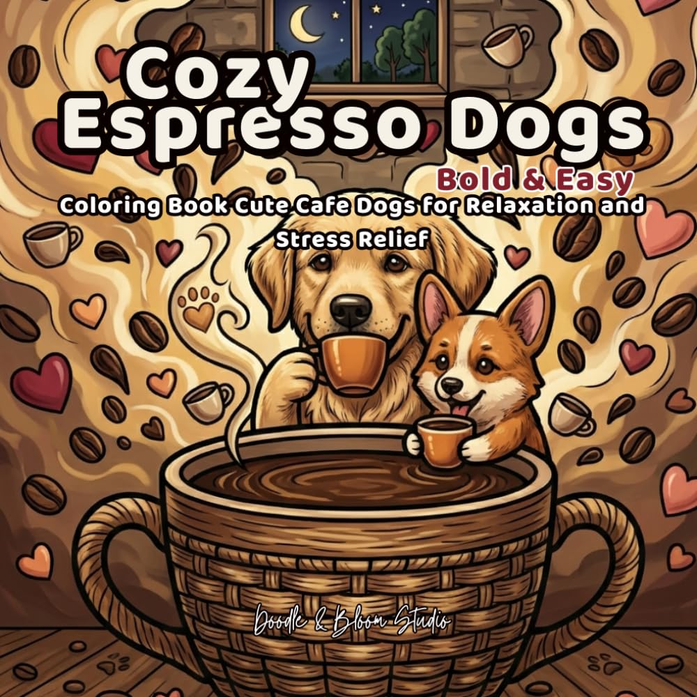 Cozy Espresso Dogs: Bold And Easy Coloring Book Cute Cafe Dogs For Relaxation And Stress Relief