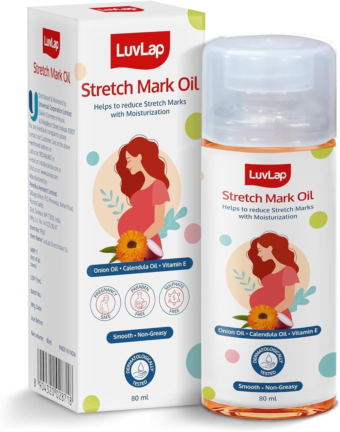 LuvLap Stretch Mark Oil for pregnant ladies & new mothers, lightweight oil for stretch mark removal & prevention, smooth, silky & non greasy, enriched in Onion oil,80ml (pack of 2)