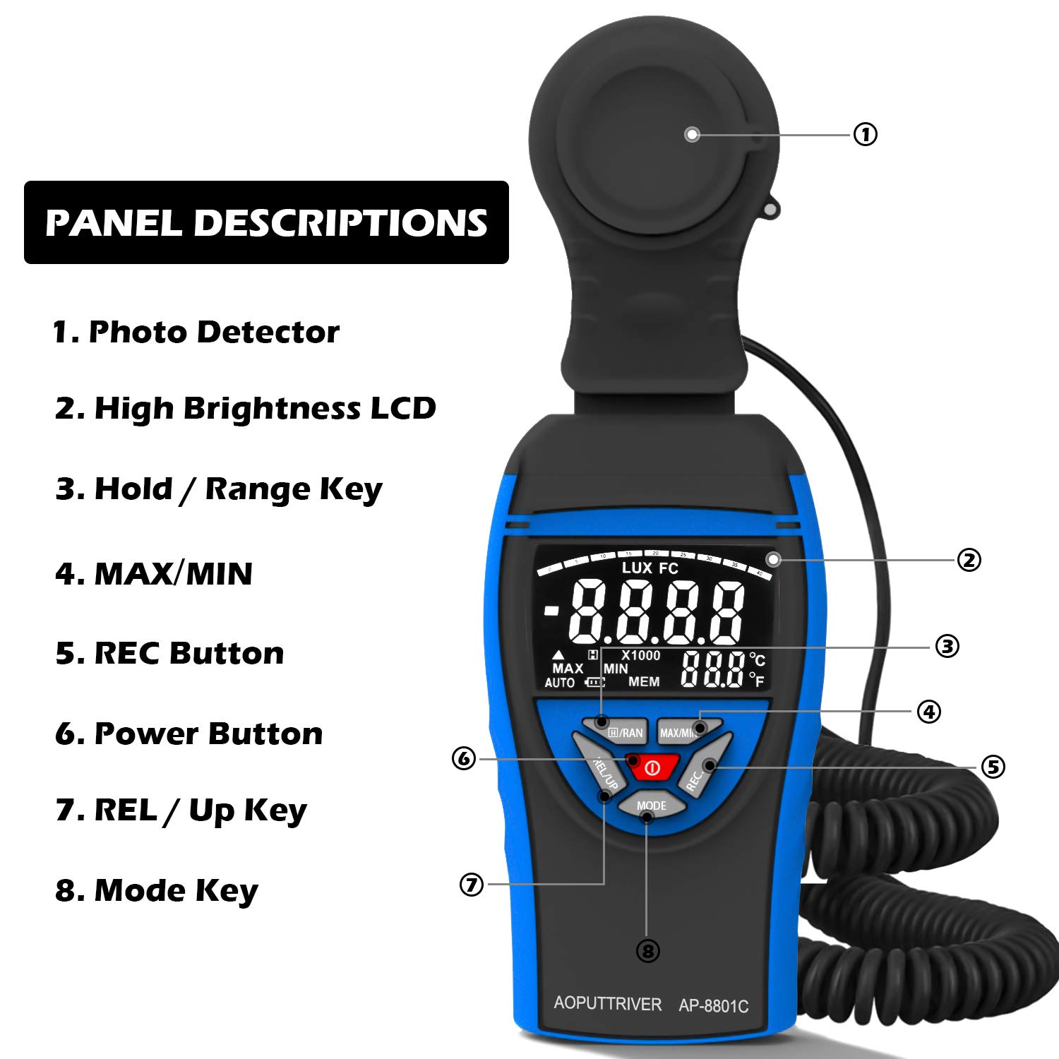 AP-8801C Digital Lux Meter 0.1~400,000Lux Beleuchtungsmessgerät Lux Messgerät Beleuchtungsstärke Lichtmesser mit Ausziehbarem Lichtdetektor bis zu 2 Metern, Daten Halten, Lux/FC-Auswahl - Blau