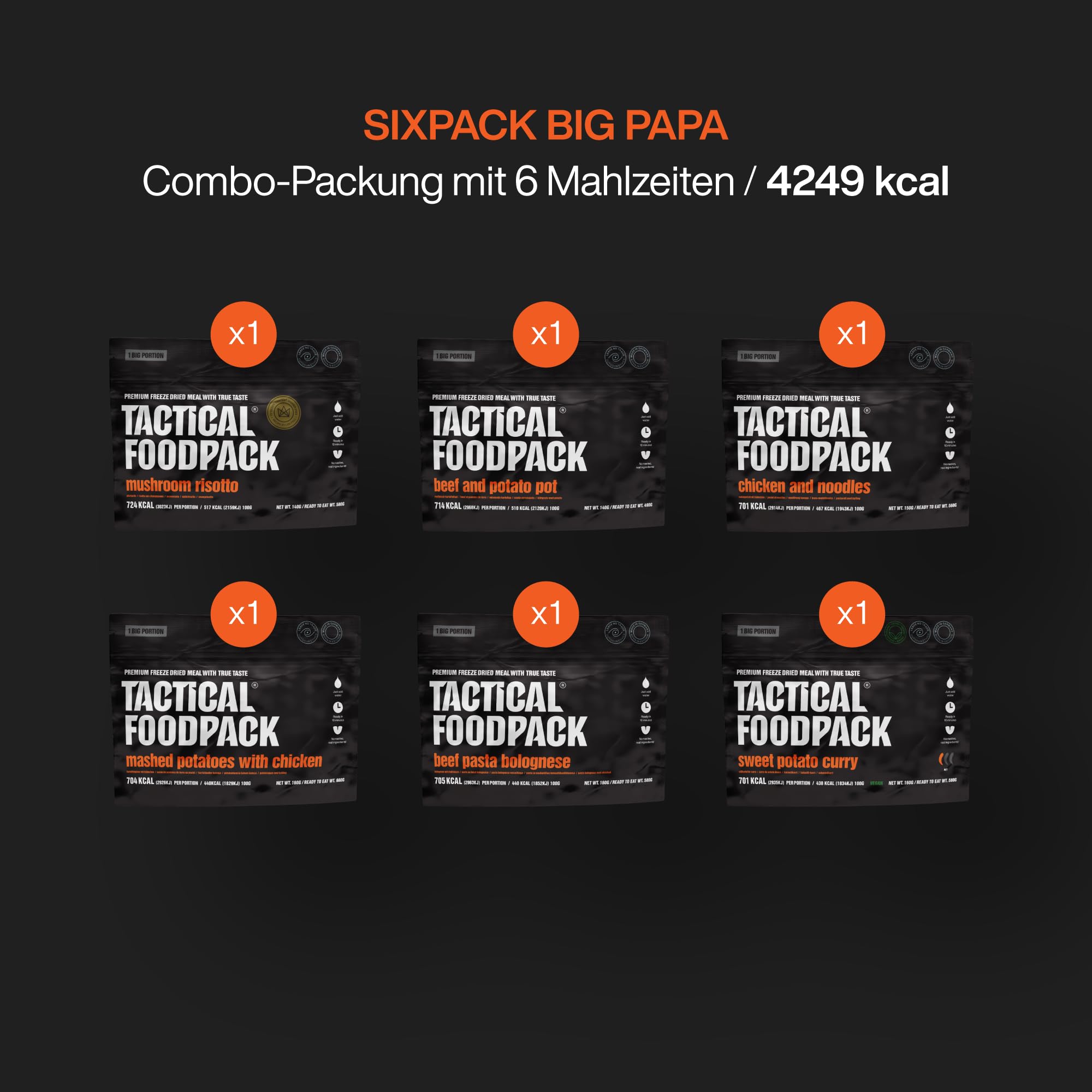 Tactical?Foodpack?Sixpack?Big?Papa – Pack de supervivencia 6?raciones?XL?(4?249?kcal)?|?Comida liofilizada lista en?5?9?min para emergencias, senderismo y aventuras