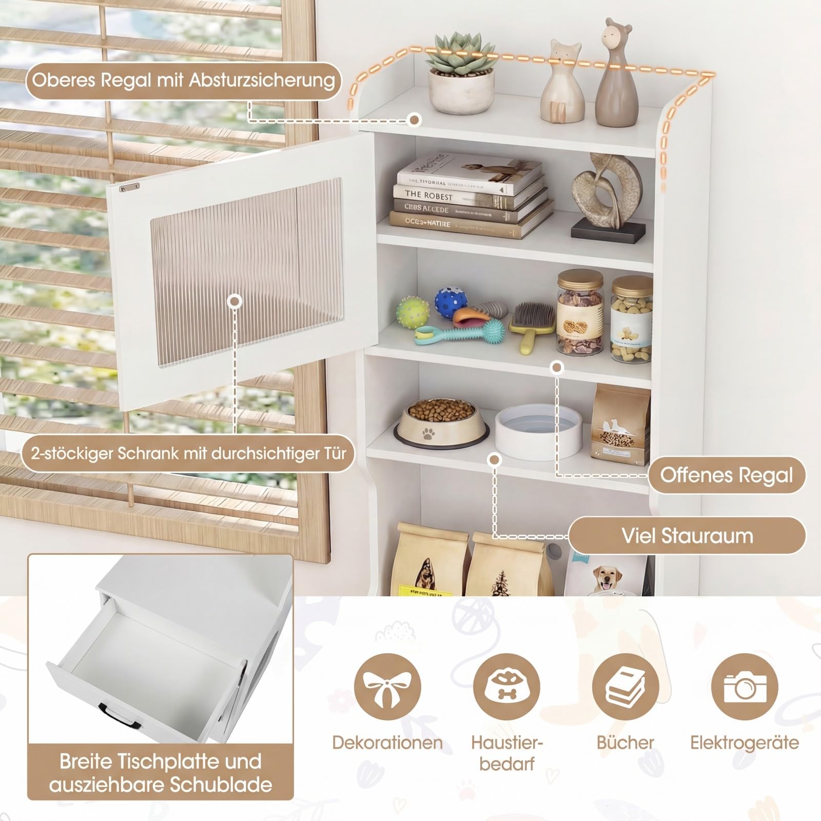 GYMAX Katzenschrank, Katzenklo Schrank mit Ladestation & LED-Licht, 16 Modi, Katzentoilette Schrank hoch mit Schublade, Regalen, Tür & Eingang, Hochschrank, 50 x 45 x 152 cm (Weiß)