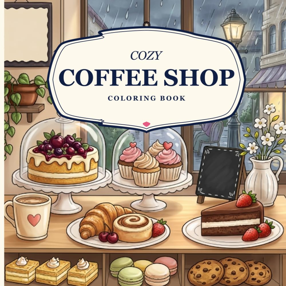 Cozy Coffee Shop Coloring Book: Mindful Coloring Pages Featuring Cozy Cafés, Rainy Window Views, Cute Animals, Pastries, and Relaxing Everyday Moments