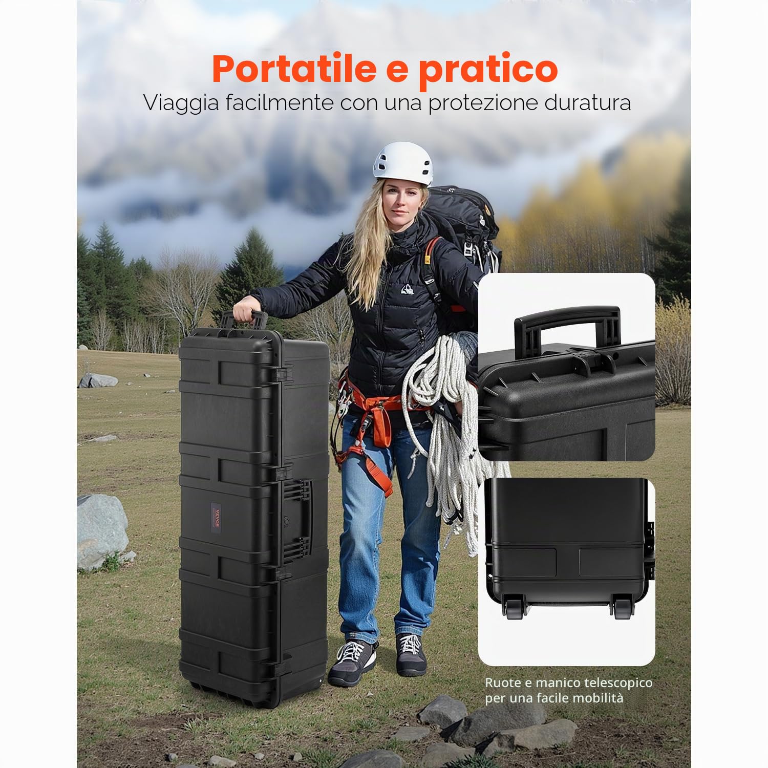 VEVOR Custodia Rigida Impermeabile 155,7 L, Custodia Protettiva Resistente alle Intemperie IP67 con 6 Clip, 6 Fori e 3 Maniglia per Lucchetto e Schiuma Inserita per Apparecchiature Grande, Nero
