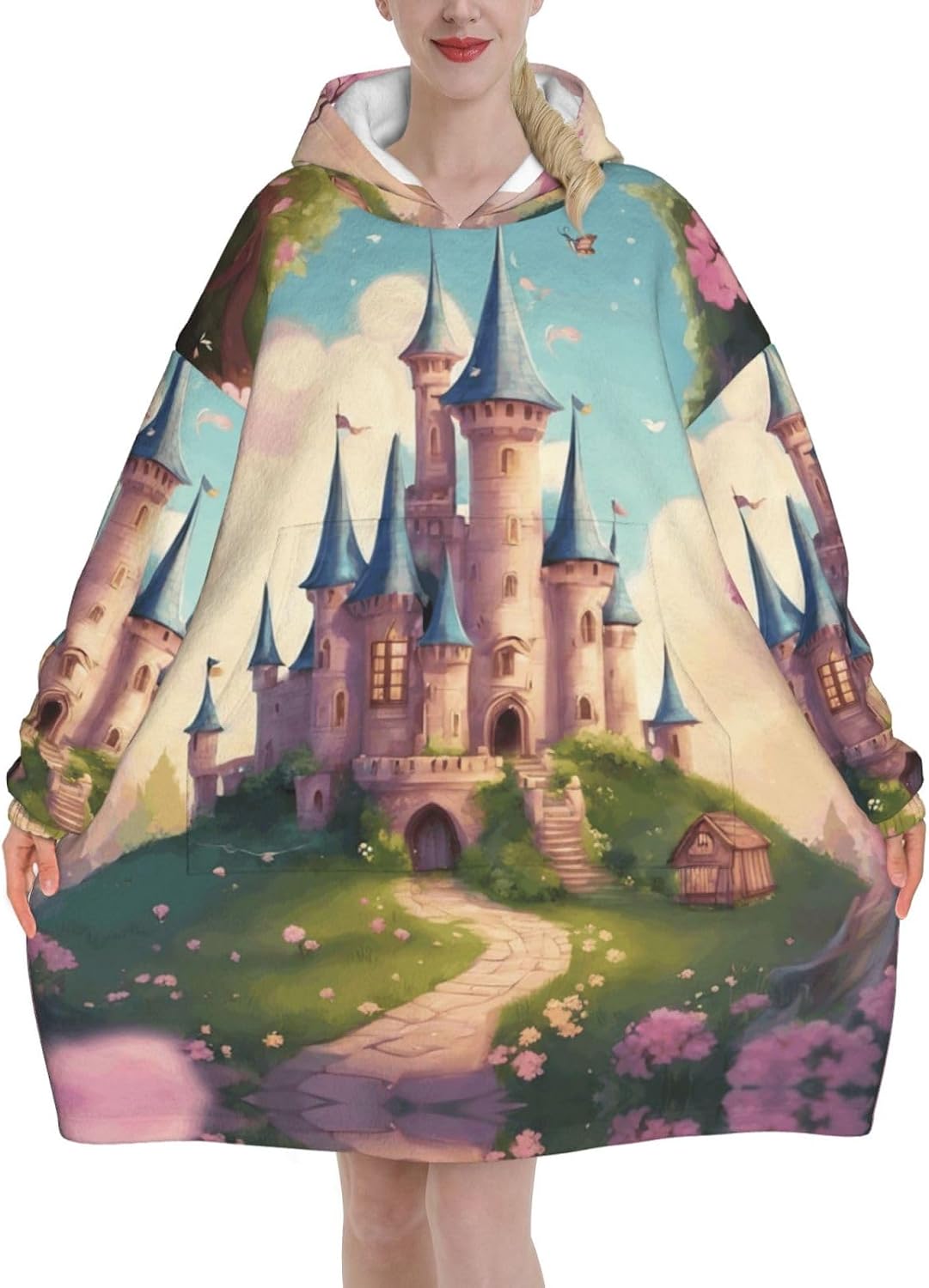 Cute Fairy Tale Castle04 Print﻿ ﻿adults Unisex Oversized Blanket Hoodie Soft Warm Winter With Pocket Loungewear