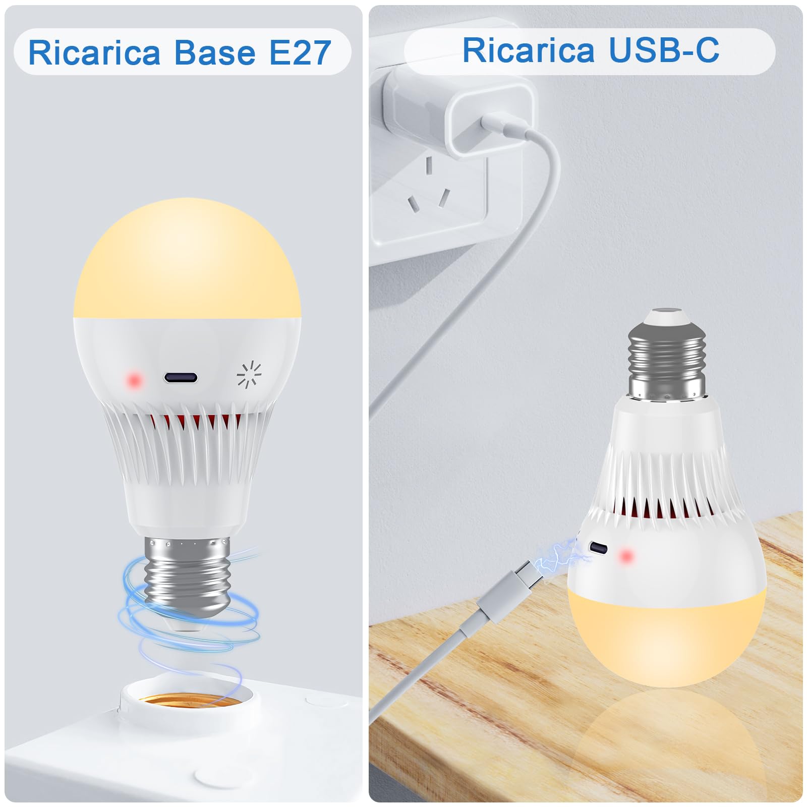 Lampadina Ricaricabile USB C Con Telecomando, 9W Lampadina Senza Fili Con 3 Colore, E27 Lampadina LED Dimmerabile Touch Control Con Timing, 3000mAh Luce di Emergenza Con Gancio per Casa ed Esterni