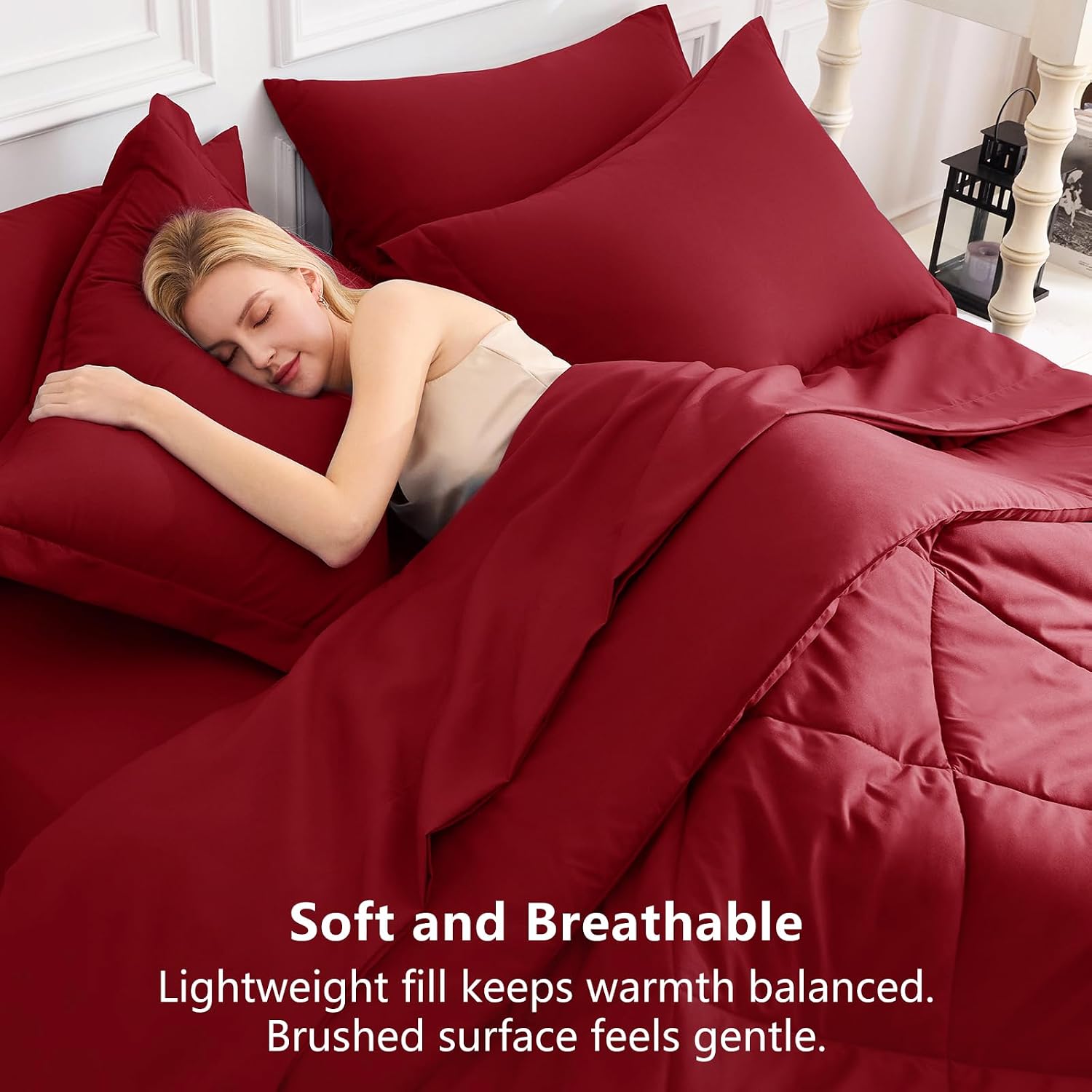  Full Size Comforter Sets Dark Red - 7 Pieces Complete Bedding Set | OEKO-TEX Certified, All Season, 240GSM Down-Alternative Comforter, Sheets, Pillowcases & Shams, 14" Deep Pocket, Easy Care thumbnail