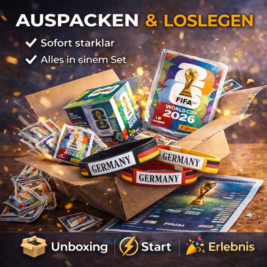 XXL Fan Starterset WM 2026 – Original Panini Sticker Album, Extra 1x Spielplan & Deutschland Blumenkette (10 Tüten / 70 Sticker Set) Eigenmarkenbundle