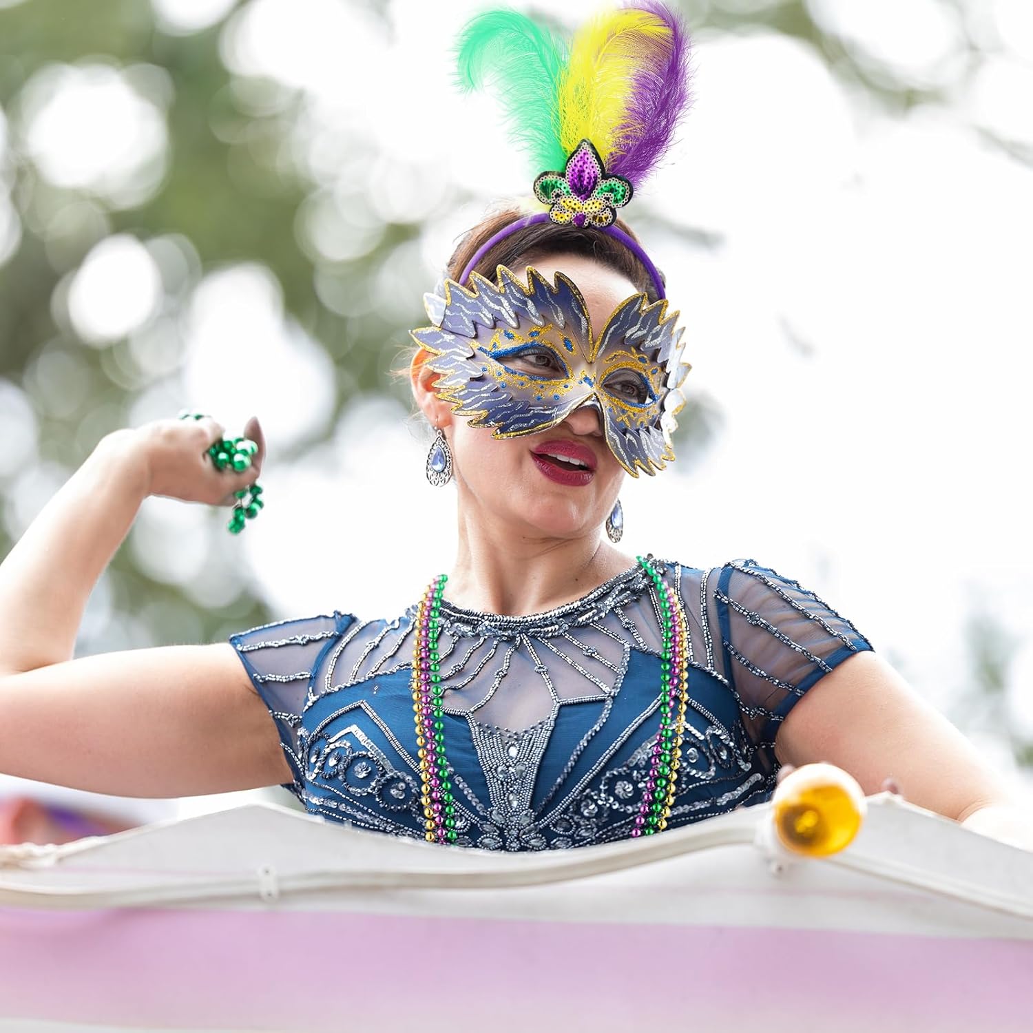 Capoda 8 Pieces Mardi Gras Outfit Accessories Mardi Gras Feather Headband with Beads Necklaces for Women Masquerade Party - Image 3