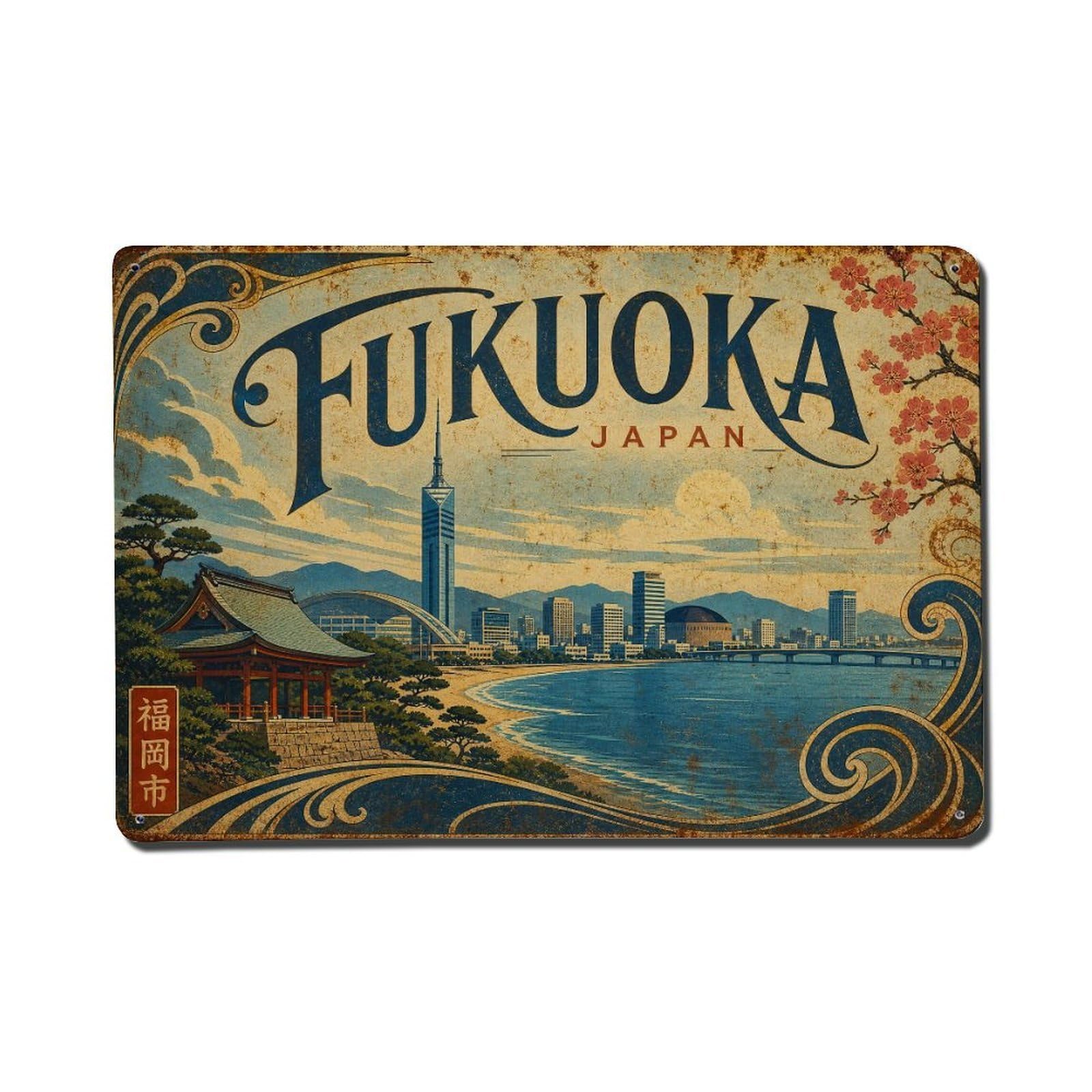 Huiyhb 8X12inch(20X30cm) Retro Travel Japan Fukuoka Metal Tin Sign