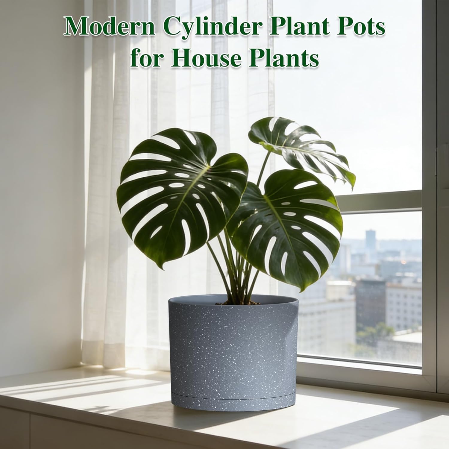 Plant Pots, 10/9/8 Inch 3 Pack Cylindrical Flower Pots with Drainage Holes and Saucers, Plastic Planters for Outdoor Indoor Plants,Grey with White Speckles
