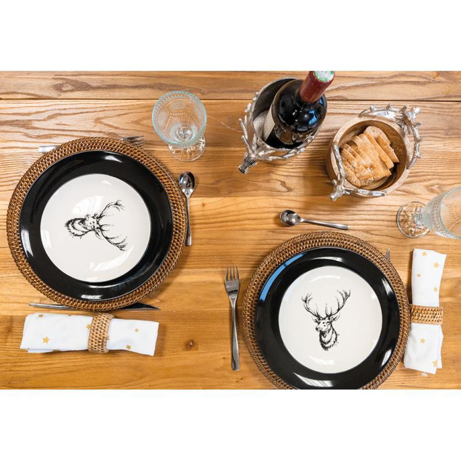 AUBRY GASPARD - Assiettes en Porcelaine - Lot de 6 - Décor Cerf - Blanc Brillant - 19 x 2 cm - Compatibles Lave-Vaisselle et Four à Micro-Ondes - Idéal pour Arts de la Table Élégant et Pratique