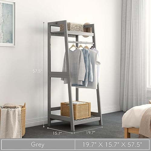 Miniatura 6 de IOTXY Perchero de madera abierta  Perchero independiente de madera maciza con estantes de almacenamiento y barra para colgar ropa, pequeño y