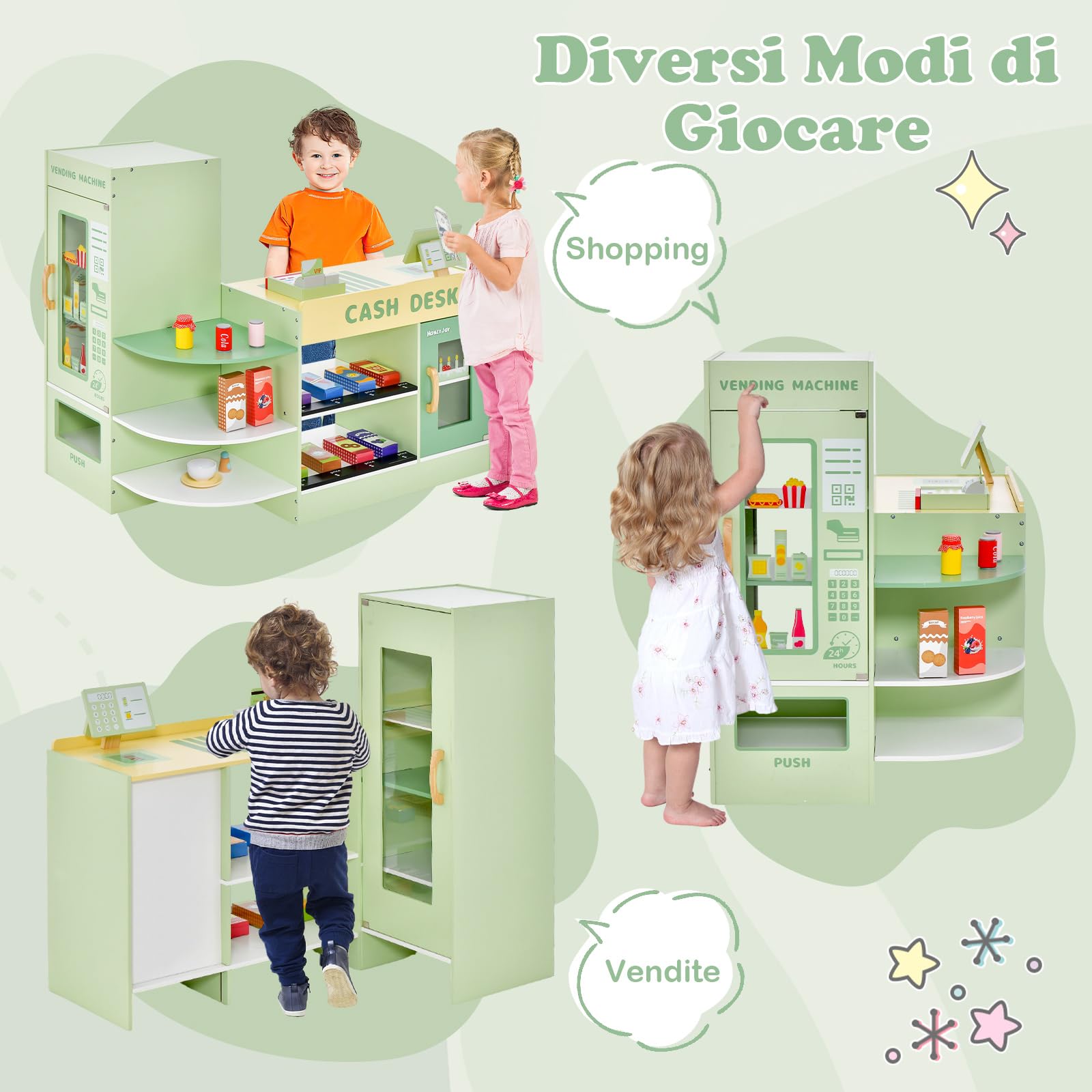 GYMAX Negozio di Alimentari per Bambini, Gioco di Supermercato in Legno Autoportante con Banco Cassa, Macchina POS, Distributore Automatico, Set di Giocattoli Registratore di Cassa (Verde)