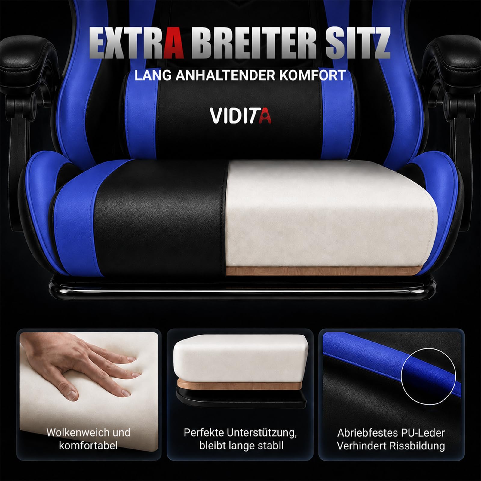 Ergonomischer Gaming Stuhl mit Fußstütze, verstellbarer Gaming Chair mit Lendenkissen, Kopfstütze & 135°Rückenlehne, drehbarer Bürostuhl für Büro, Homeoffice & Zocken mit Komfort,Schwarz & Blau, 150kg