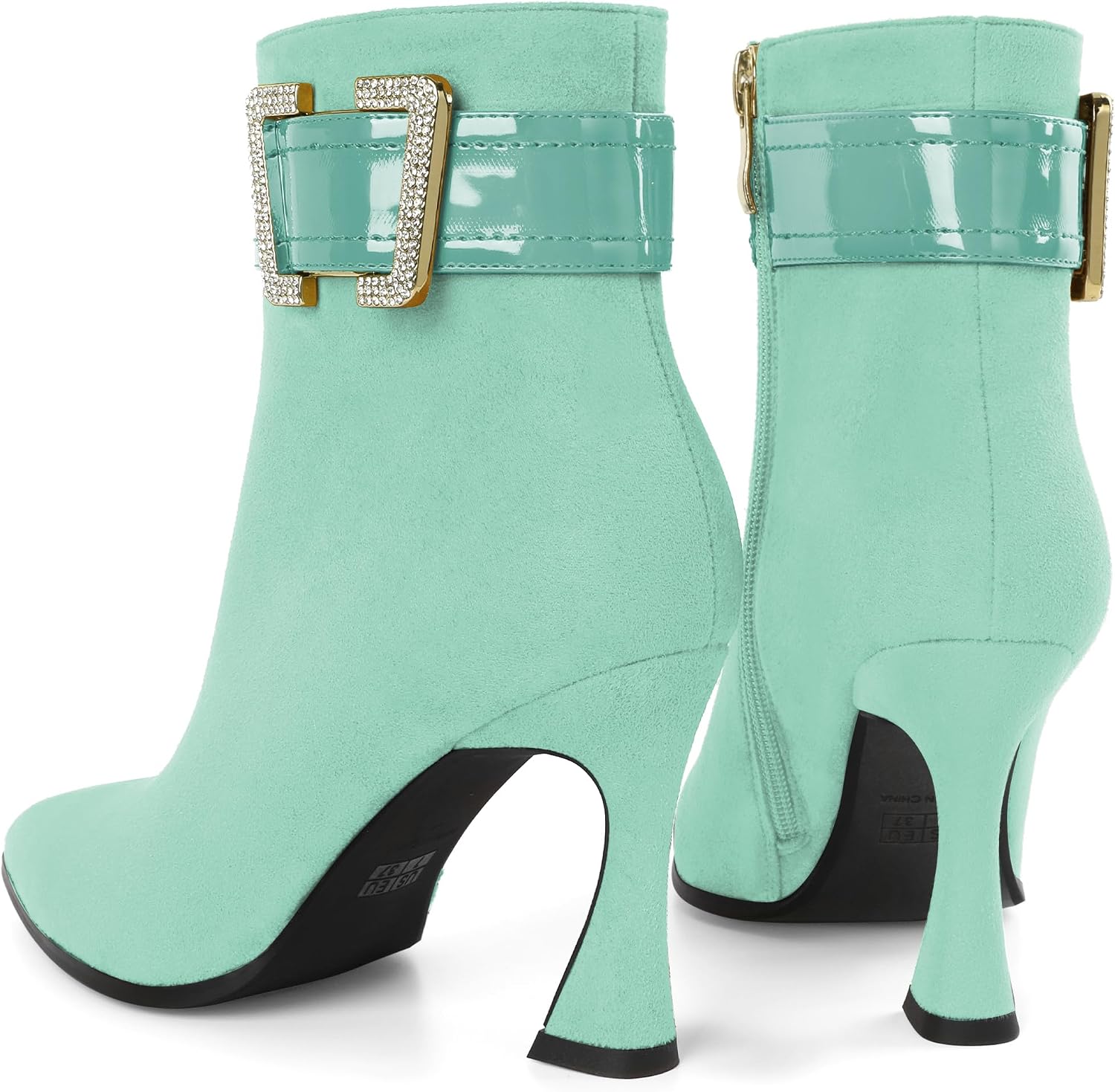 AUMOTED Women's Ankle Boots With Buckle Rhinestones Thigh High Heel Pointed-toe Booties Elegant Spool Heel Booties 3.4 In Short Boots