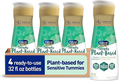 Fórmula para bebés sin lactosa a base de plantas, 4 botellas (32 onzas líquidas cada uno), botellas listas para alimentar, ProSobee Enfamil para