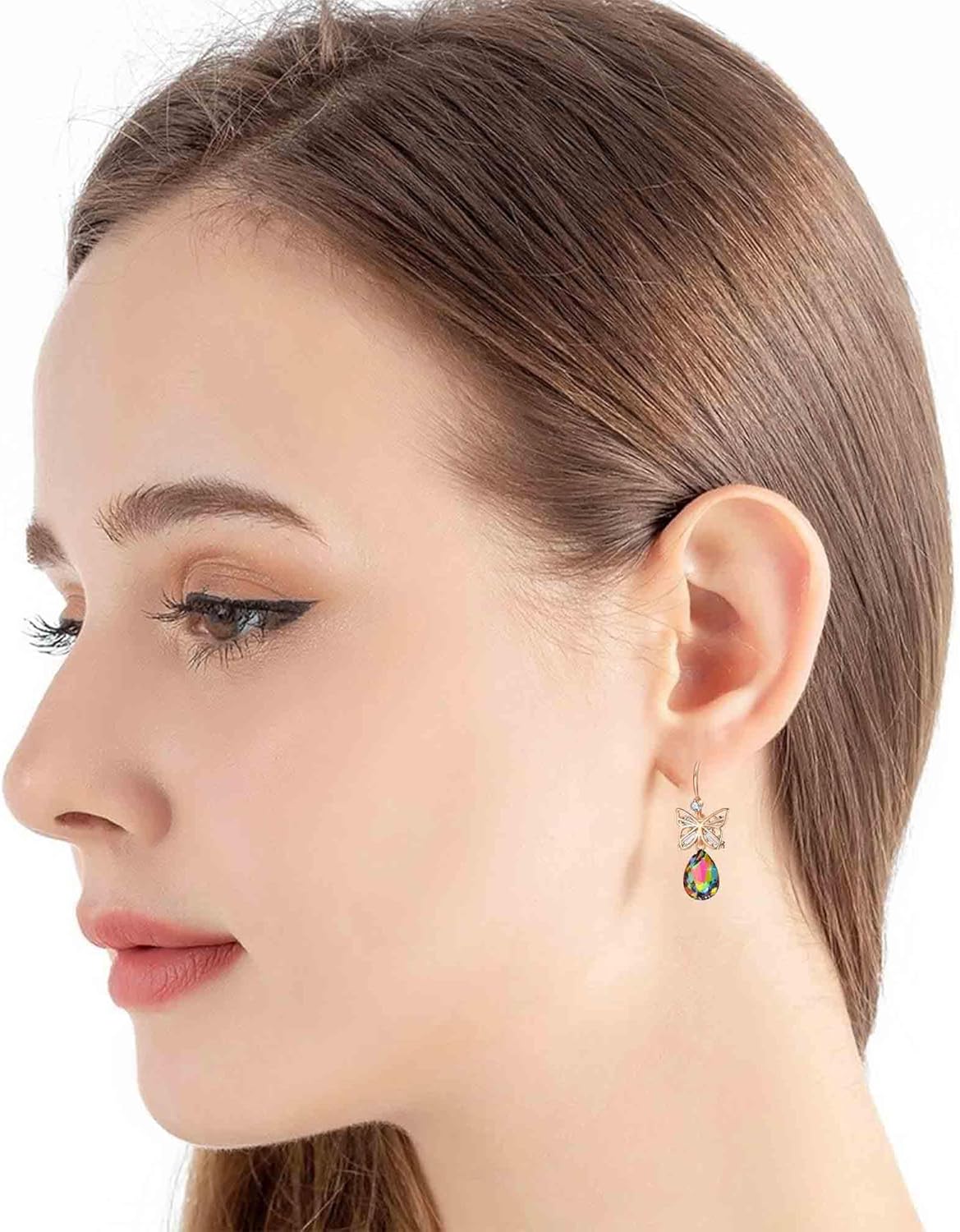 Austrian Crystal Teardrop Butterfly Drop Dangle Earrings for Women 14K Rose Gold Plated Hypoallergenic Jewelry - Image 8