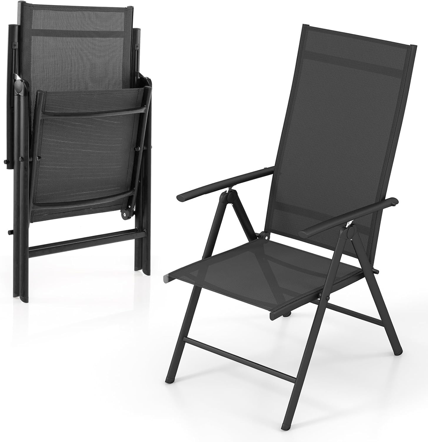Giantex Folding Patio Chairs, High Back Outdoor Chairs with 7-Level Adjustable High Backrest, Portable Reclining Chairs for Lawn Porch Garden Poolside Camping, No Assembly, Black